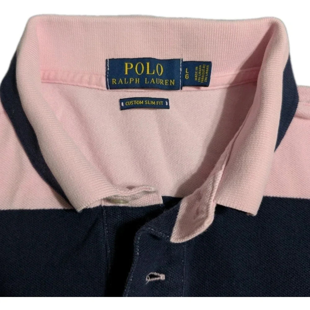 Polo Ralph Lauren Custom Slim Fit Polo Shirt Mens Large Rugby Stripe Pink Navy